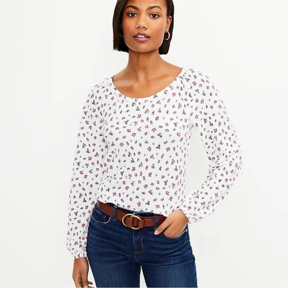 Loft Ditsy Floral Draped Long Sleeve Top in Whisper White Large